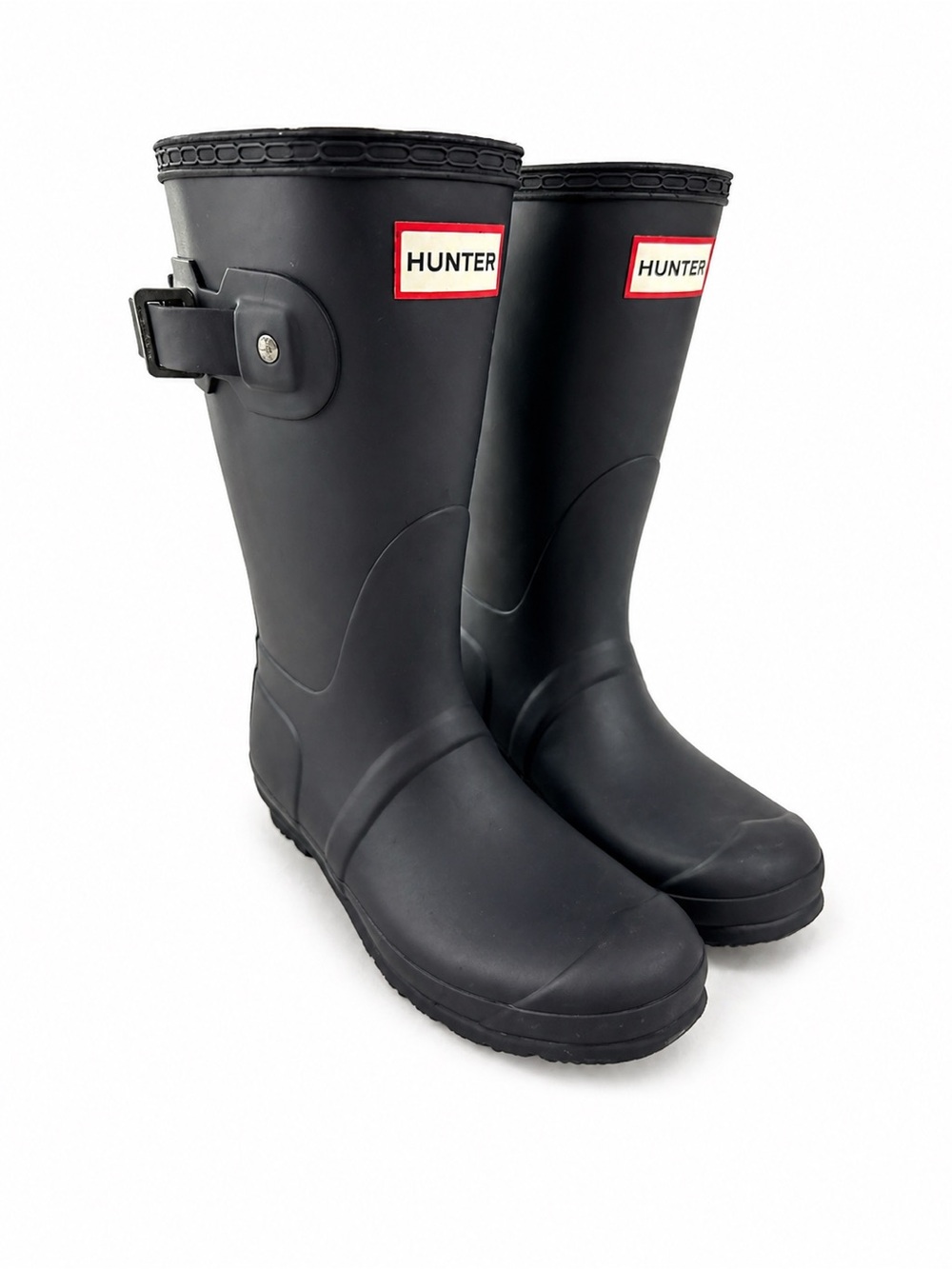 Hunter Dark Navy Rain Boots with Red Logo Accent and Buckle